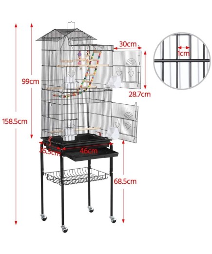 Large Roof Top Bird Cage With Stand and Toys - Black